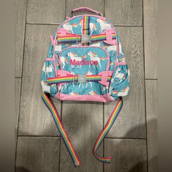 Pottery Barn Mackenzie Aqua Unicorn Parade Backpack Small Embroidered Madison - Picture 2 of 9